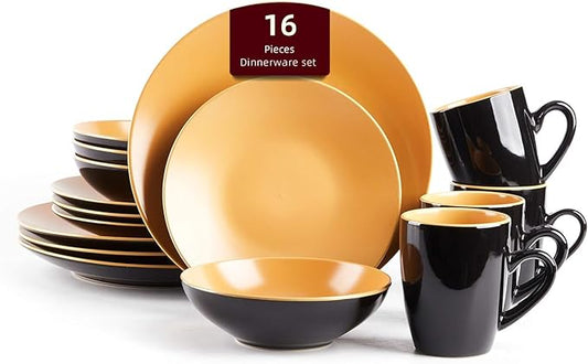 Stoneware Two-Tone Colors Life 16pc Dinner Set竊똎utside Shiny Black + Inside Matte Glaze Curry
