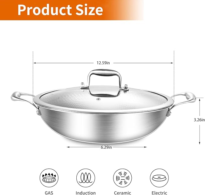 DELARLO Wok Pan With Lid 12 Inch Non stick wok,Oven Safe Up to 600??Woks & Stir-Fry Pans Nonstick,Tri-Ply Stainless Steel Wok, 5QT Nonstick Deep Frying Pan, Induction Saute Pan With Lid