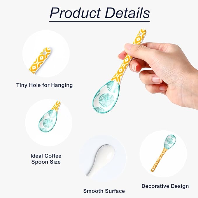 Selamica Ceramic Coffee Spoons, Teaspoons 5.2 Inch Small Spoons Set for Espresso, Tea, Dessert, Stirring, Dishwasher & Microwave Safe, Set of 6, Assorted Colors