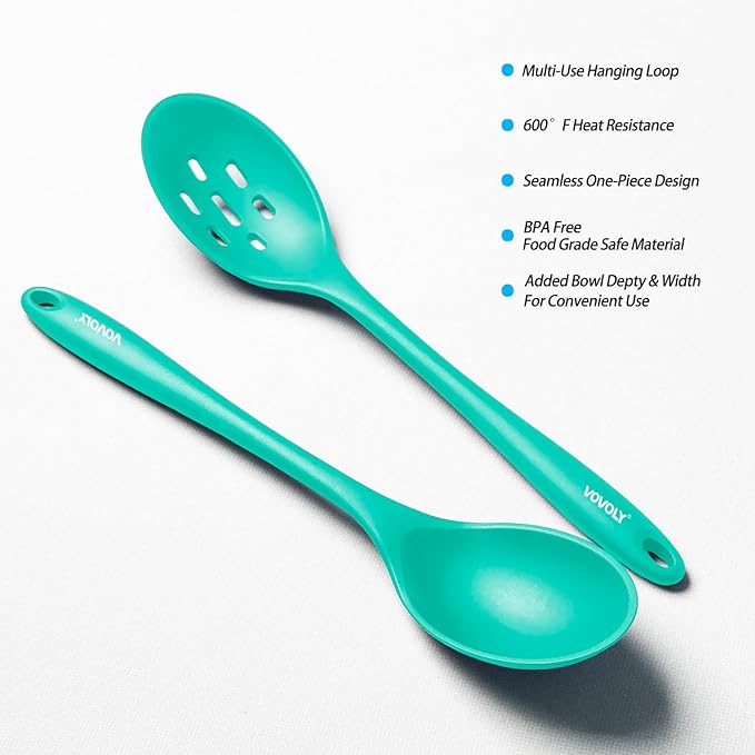 Silicone Spoons for Cooking - Extra Large Kitchen Spoons for Mixing, Serving, & Stirring - 600째F Heat-Resistant Non Stick Utensils Ladle & Skimmer- Dishwasher Safe, Teal