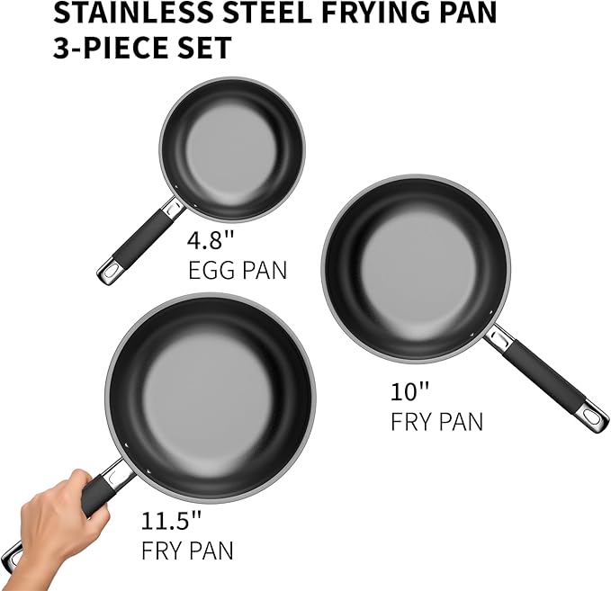 Non Stick Frying Pans, Stainless Steel Kitchen Nonstick Cookware Set of 3, 10??11.5??5??Pan, Compatible with All Stoves