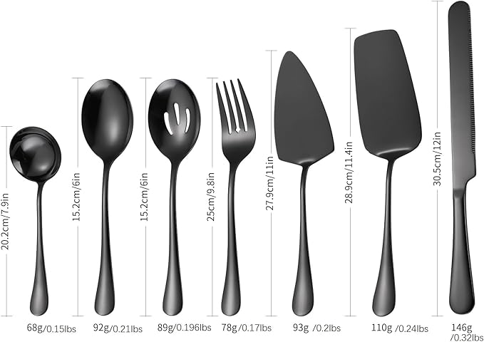 A 쨌 HOUSEWAR Black Flatware Serving Set 7 Piece Stainless Steel Catering Utensils include Soup Ladle Large Slotted Spoon Big Server Fork12??Cake Knife Pizza Spatula Parties Buffet