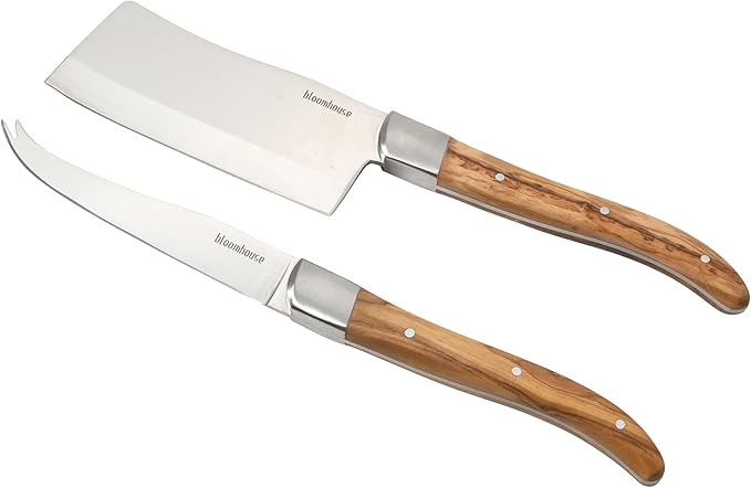 Bloomhouse 2-Piece German Steel Cheese Knife Set with Olive Wood Handles ??Artisan Soft & Hard Cheese Knives for Charcuterie, Grazing Boards & Entertaining