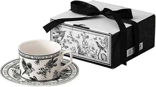 1 Set Tea Cups and Saucers, 200ml Ceramic Vintage Coffee Tea Cups with Gifts Box for Cappuccino Coffee Espresso Lattes Housewarming Party Supply