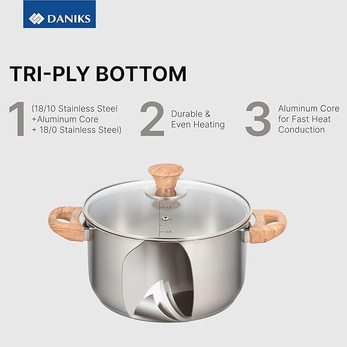 Daniks Oslo 6-Piece Stainless Steel Cookware Set with Glass Lids, Tri-Ply Bases for Even Heating, Induction Compatible, Dishwasher Safe, Bakelite Handles