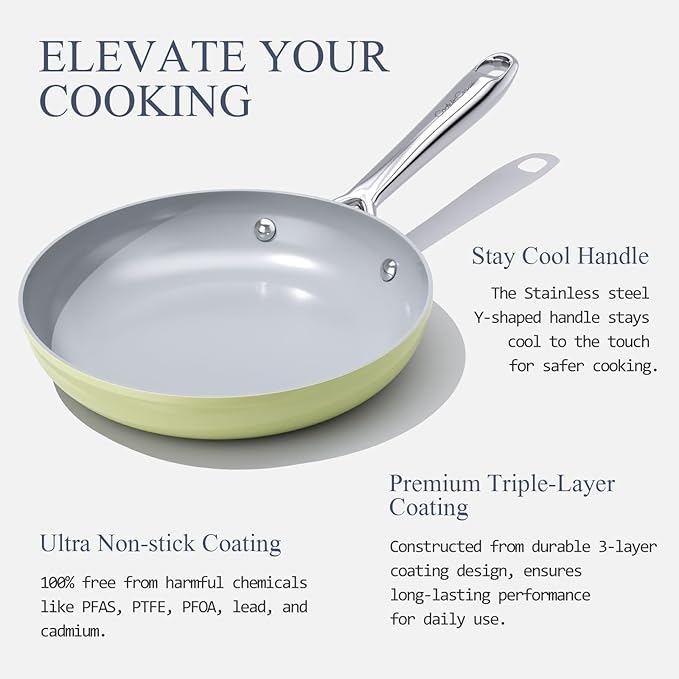 Nonstick Ceramic Cookware Set 10" Frying Pan & 11" Saut챕 Pan with Lid PTFE/PFOA/PFAS Free Induction Compatible Oven Safe to 500째F Non Toxic Ceramic Coating Olive Green