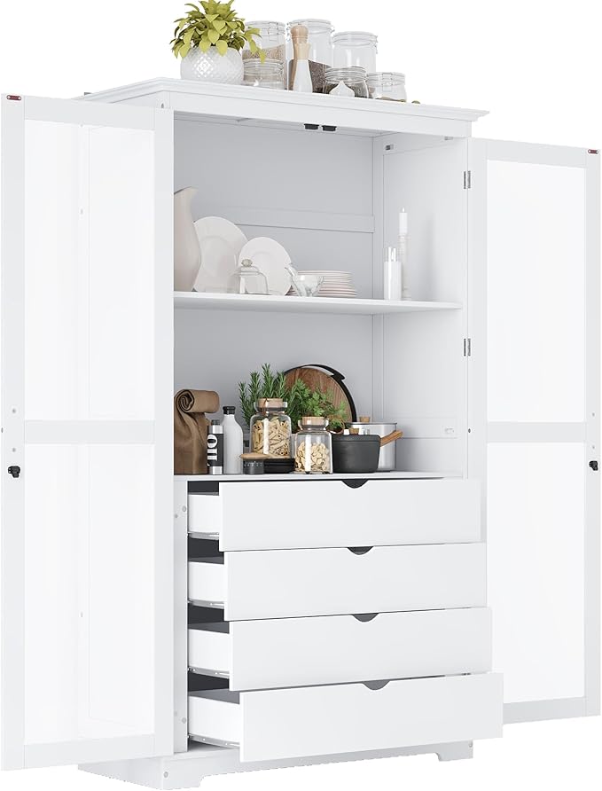 Zateety 73.2" Kitchen Pantry, Freestanding Kitchen Storage Cabinet Display Cabinet with Glass Doors and 4 Built-in Drawers for Living Room, Home Office, White