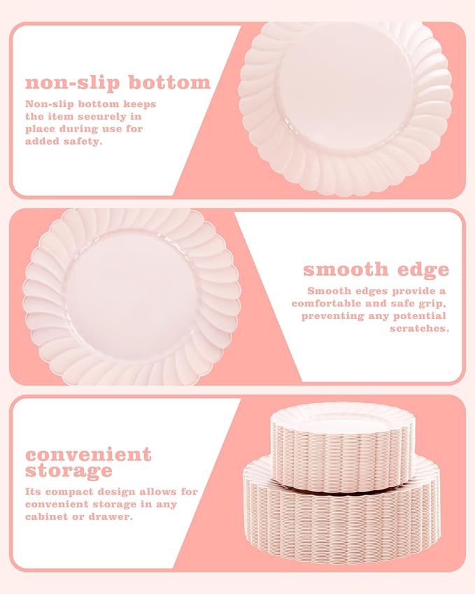 YOUBET 100PCS Pink Scalloped Plastic Plates - Heavy Duty Pink Disposable Fancy Hard Plates Include 50 Dinner Plate, 50 Dessert Plate, for Wedding & Party Valentines Day