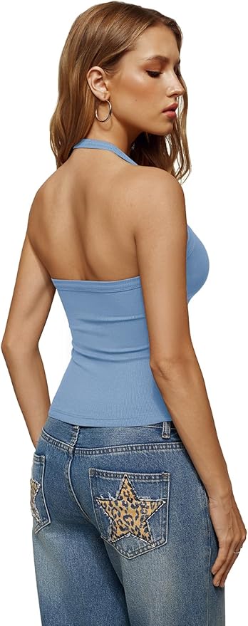 REORIA Womens Backless Halter Tank Top Sleeveless V Neck Fitted Camisole