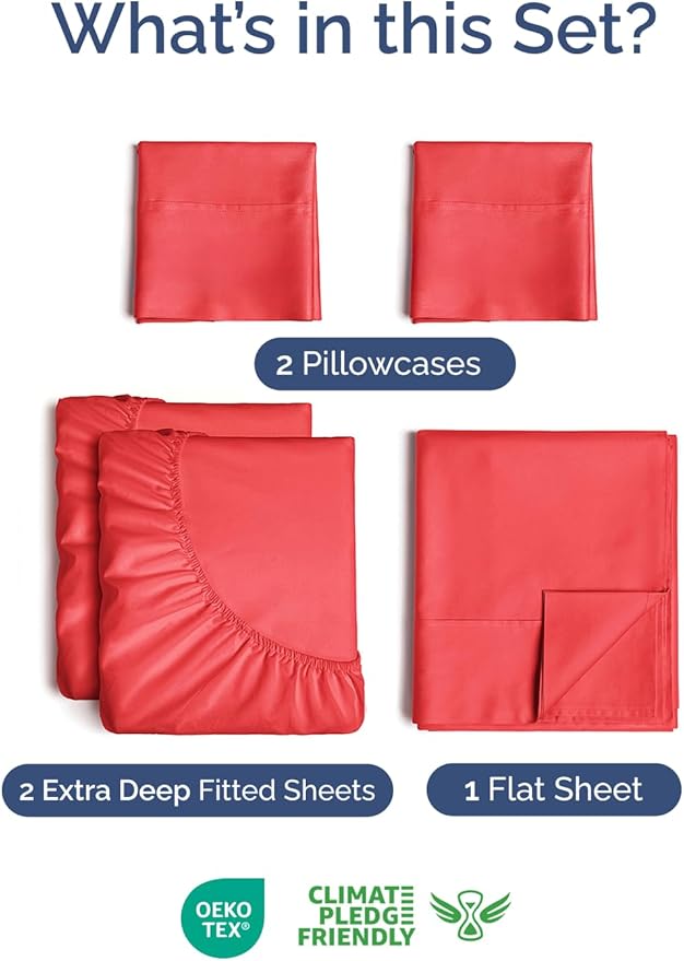 Extra Deep Pocket Split King Sheets - 5 Piece Breathable & Cooling Bed Sheets - Hotel Luxury Bed Sheet Set - Soft, Wrinkle Free & Comfy - Easily Fits Extra Deep Mattresses - Deep Pocket Red Sheets Set