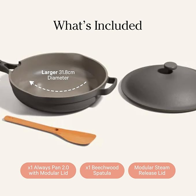 Our Place Large Always Pan | 12.5" Ceramic Pan with Modular Lid & Beechwood Spatula | Patented 10-in-1 Nonstick, Non-Toxic Cookware Made Without PFAS | Induction & Oven-Safe up to 450째F | Char