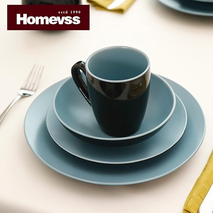 Stoneware Two-Tone Colors Life 16pc Dinner Set竊?Outside Shiny Black + Inside Matte Glaze Turquoise