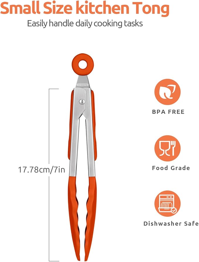 600쨘F Heat Resistant Kitchen Tong: U-Taste 7 inch Silicone Cooking Tong with Firm Sealed Non Stick Rubber Tips & Silicon Coated 18/8 Stainless Steel Handle & Smooth Locking for Serving Salad (Orange)
