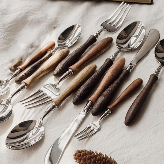 30 Piece Silverware Set Service for 6,Premium Wooden Handle Stainless Steel Flatware Set Home Include Fork Knife Spoon Set Gift Package for Christmas and Thanksgiving（Light Brown）