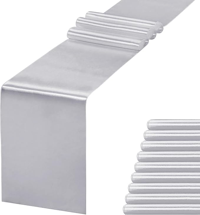 JEVIX 10 Pack Silver Table Runner 12 X 108 Inch Silk Table Runner for Party,Wedding, Birthday, Banquets,Decoration