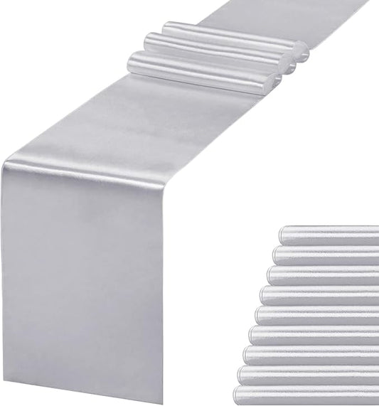 JEVIX 10 Pack Silver Table Runner 12 X 108 Inch Silk Table Runner for Party,Wedding, Birthday, Banquets,Decoration