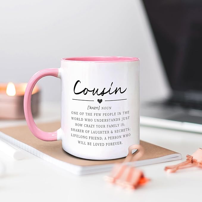 QASHWEY Cousin Definition Coffee Mugs Mug, Cousins Birthday Christmas Wedding Gifts from Cousin,Inspirational Cousins Gifts Double Side Printed Ceramic Mug Cup 11 Ounce(Pink)