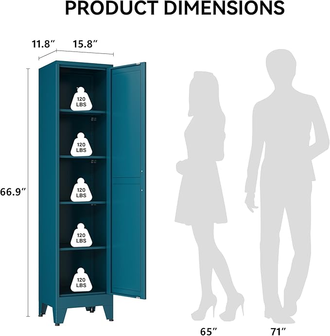 COFaR 67" Tall Pantry Cabinet, Peacock Blue Storage Cabinet with Magnetic Door & 4 Adjustable Shelves, Slim Freestanding Cupboard for Bathroom, Kitchen