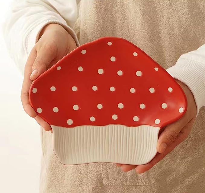 Mushroom Snack Plate, 8 in Polka Dot Safety Ceramic Dessert Appetizer Plates, Cute Sushi Dinner Plates, Pasta & More.