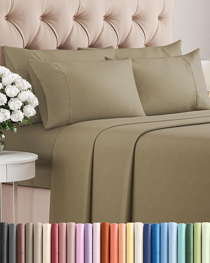 King Sheets Set 6 Piece - Includes 4 Pillowcases - Bed Sheets King Size - Soft Hotel Luxury Bedding - Cooling, Comfy, Fade Free & Breathable - 1 Flat & 1 Fitted & 4 Pillowcases w/ Deep Pockets - Khaki