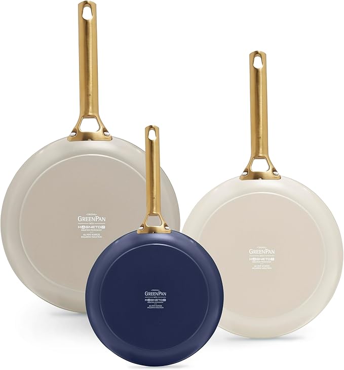 GreenPan 3 Piece Ceramic Cookware Set, Non Stick Frying Pans (8??10??& 12??Skillets), PFAS-Free Non-Toxic Induction Cookware, Hard Anodized, Kitchen Pots, Dishwasher Safe, Navy, Taupe, Cream