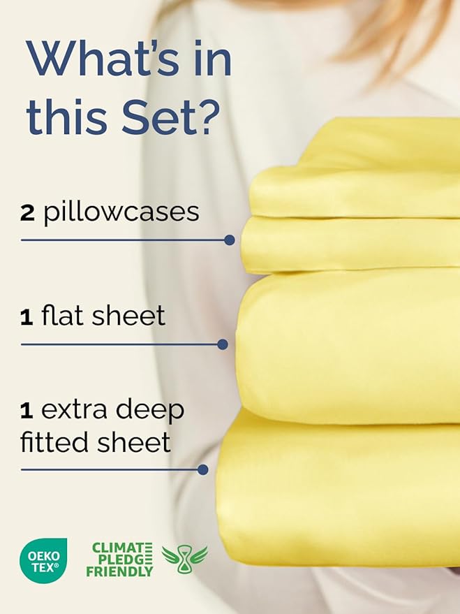Extra Deep Pocket Cal King Sheets - 4 Piece Breathable & Cooling Bed Sheets - Hotel Luxury Bed Sheet Set - Soft, Wrinkle Free & Comfy - Easily Fits Extra Deep Mattresses - Deep Pocket Yellow Sheets