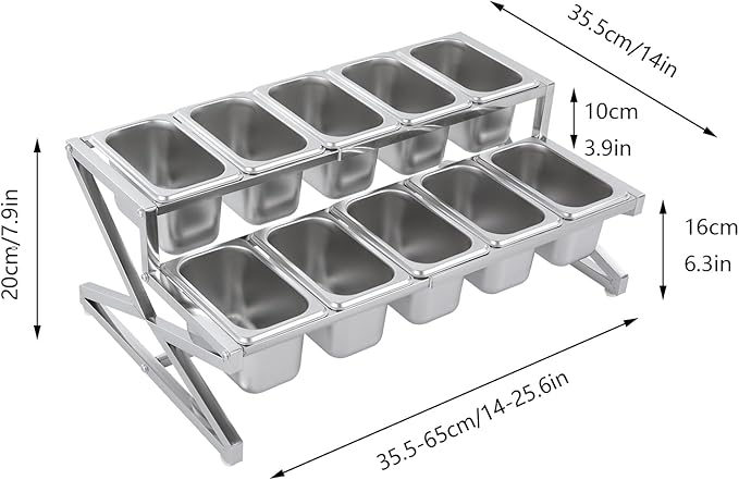 Expandable Stainless Steel Spice Rack Organizer with 10 (1.59 Qt) Lidded Pans, Adjustable 14-25.6 Inch 2-Tier Shelf for Kitchen Counter, Cabinet & Commercial Use