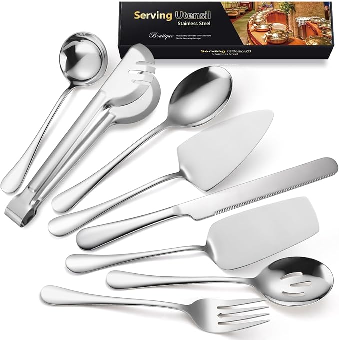 AARAINBOW Home Serving Utensils Set Large, 8 Pcs Stainless Steel Serving Utensils for Parties Buffet, Food Serving Utensils Steel Buffet Serving Utensils Large (Silvery)