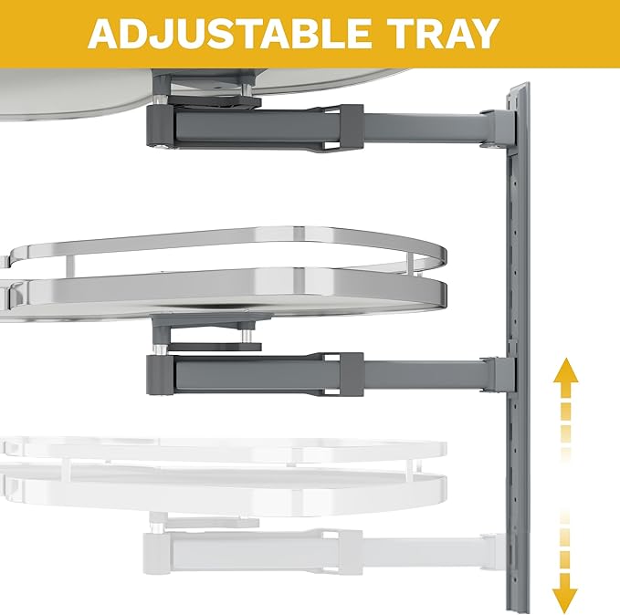 DWVO Corner Cabinet Pull-Out Organizer, 2-Tier Blind Corner Shelf with 270째 Swing-Out Tray, Right Swing, Heavy-Duty Chrome Plated Iron, 32.7"x17.3"x21.3", Gray