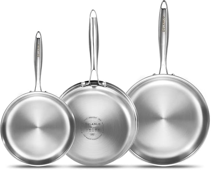 DELARLO Whole Body Tri-Ply Stainless Steel Frying Pan set, 8??10??12??Cooking pans, Kitchen Cookware Set, Fast Heating Chef's pan with Ergonomic Handles, Suitable for All Stove