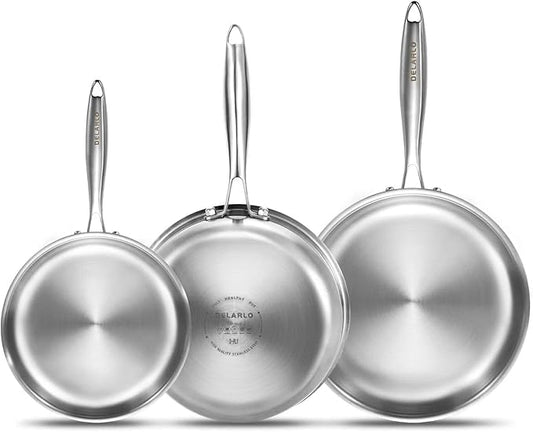 DELARLO Whole Body Tri-Ply Stainless Steel Frying Pan set, 8??10??12??Cooking pans, Kitchen Cookware Set, Fast Heating Chef's pan with Ergonomic Handles, Suitable for All Stove