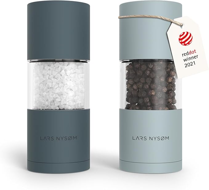 LARS NYS횠M Salt and Pepper Mills Set with Adjustable Ceramic Grinder 2 Pieces I Manual Design (Stone Blue/Sky Blue)