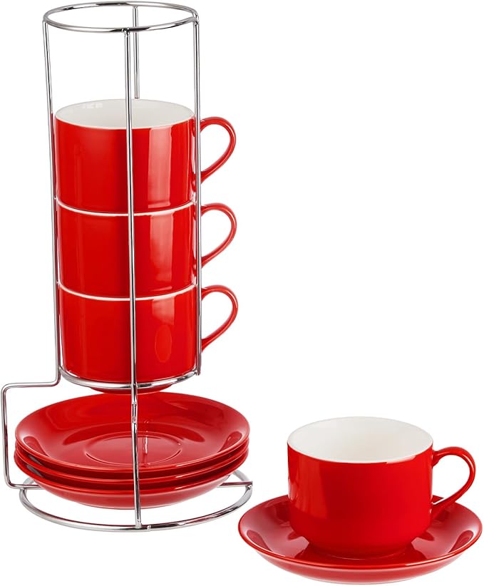8oz Porcelain Cappuccino Cups with Saucers and Metal Stand, Stackable Coffee Cups for Specialty Coffee Drinks, Cappuccino, Latte, Espresso, Americano and Tea - Cups Set of 4, Red