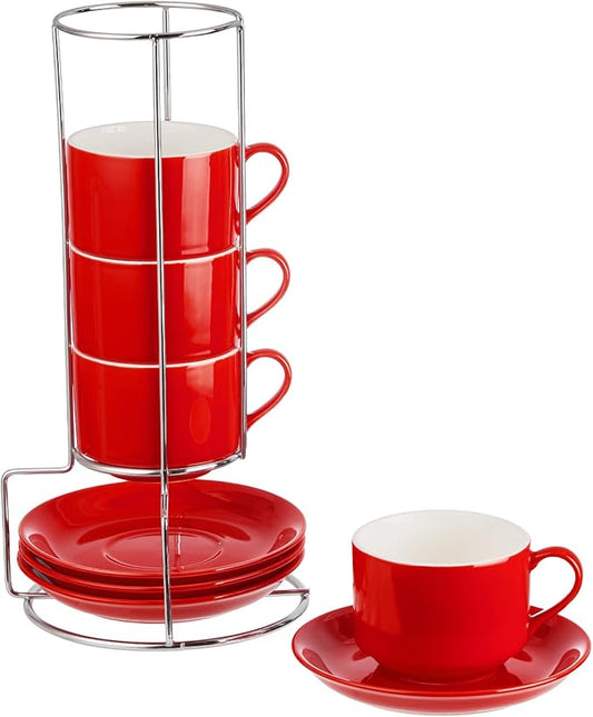 8oz Porcelain Cappuccino Cups with Saucers and Metal Stand, Stackable Coffee Cups for Specialty Coffee Drinks, Cappuccino, Latte, Espresso, Americano and Tea - Cups Set of 4, Red
