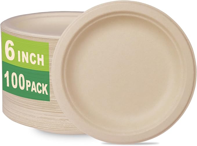 GreenWorks 100 Count 6??Small Compostable Dessert Plates, Heavy-duty Unbleached Biodegradable Bagasse and Bamboo fiber Paper Plates