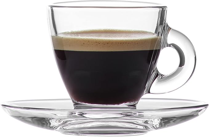 LAV Glass Coffee Cups, Saucers Set - Small Espresso Cups with Handle 3 oz - Small Clear Coffee Mug Latte Cups Set - 6 Cups + 6 Saucers - Mothers Day Gift, Housewarming - Juego de tazas para cafe