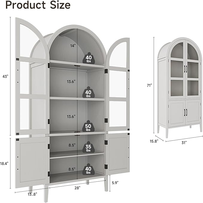 ONBRILL 71" Tall Arched Cabinet, 5-Tier Arched Kitchen Pantry with Glass Doors & Shelves, Modern Display Arch Cabinet with Adjustable Feet, Wooden Pantry for Living Room, Dining Room, Off White
