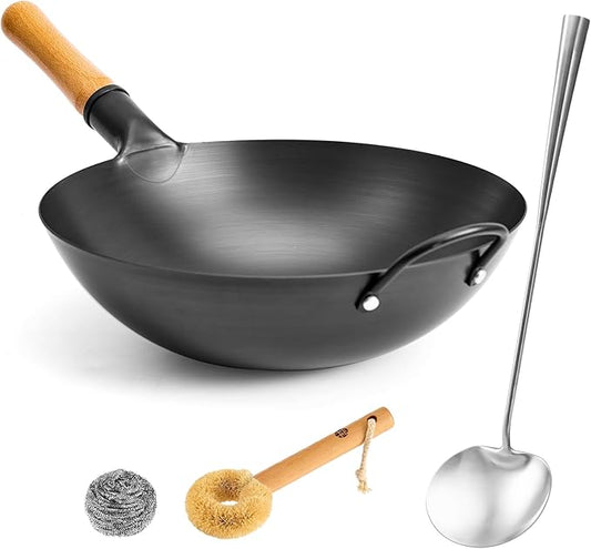 WANGYUANJI 14.2 Inch Round-Bottom Iron Wok, Deep Chinese Stir-Fry Pan (Seasoning Required), Wok Ring Required, Not Flat-Top/Induction ??No Lid, No Ring,Wooden Handle, Coating-Free