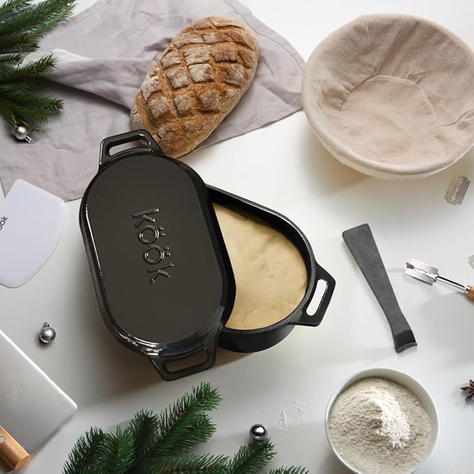 KooK Dutch Oven, for Bread Baking, Sourdough Loaf Pan, with Lid, Dual Handles, Enameled Cast Iron, includes Lid Lever, Dishwasher Safe, 3.4 Qt, Black