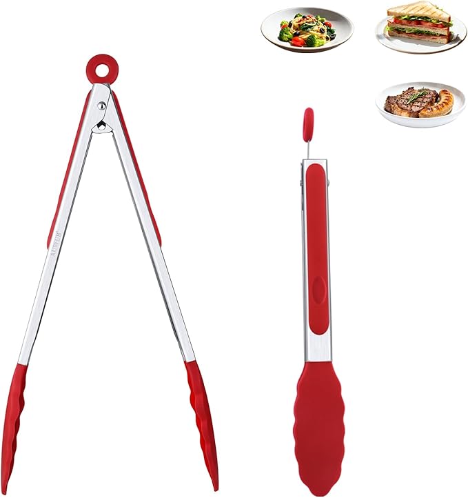 Salad Tongs, 7/9/12/16 Inch Silicone Food Tongs with 304 Stainless Steel Core, Easy-Grip, in Pistachio, Black, Blue, Orange, Red (Red, 9+12inch)