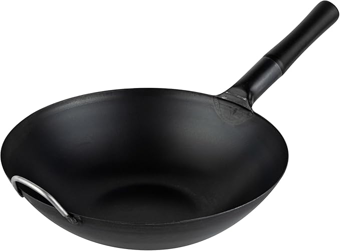 Restaurantware Carbon Steel Wok 10 Pack of 13.3 Inch Heavy-Duty Uniform Heat Distribution Pan Induction Compatible Flat Bottom Wok Welded Handle Black For Gas Stovetops And Grills
