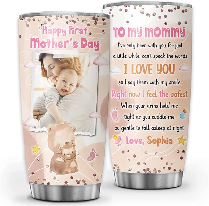 Personalized First Mothers Day Tumbler Gift For New Mom, Wife From Husband, Birthday Mothers Day Christmas Gifts For Women, Wife, Expecting Mom Gift, Custom Photo Frame Insulated Travel Cup 20oz 30oz
