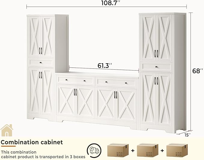 Lyromix 3 Pieces Sideboard and Pantry Set with Storage, White Farmhouse Wall Unit Entertainment Center, Large Kitchen Sideboard Buffet Pantry Cabinet with Drawers
