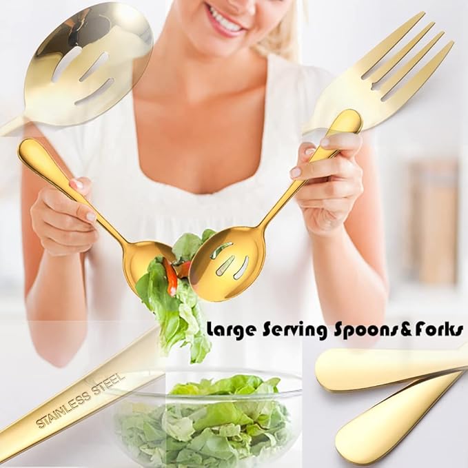 8 PCS Stainless Steel Serving Utensils, Large Serving Spoons Slotted Spoons, Forks, Ice Suger Tongs, Cake Server, Soup Ladle, Metal Utensils Set Great for Buffet Catering Banquet Party, Gold