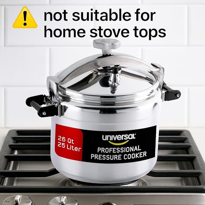 Universal (Large) 26-Quart Aluminum Pressure Cooker for Professional Use ??Commercial-Grade, 1 Safety Valve, Reinforced Handles, Easy-Open Lid, ??Ideal for Large Kitchens, and Restaurants