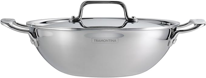 Tramontina Utsava Tri-Ply Clad Stainless Steel 2.75-Quart Kadai with Lid and Ceramic Non Stick Interior, Induction-Ready Kadhai Pot for Indian Cooking