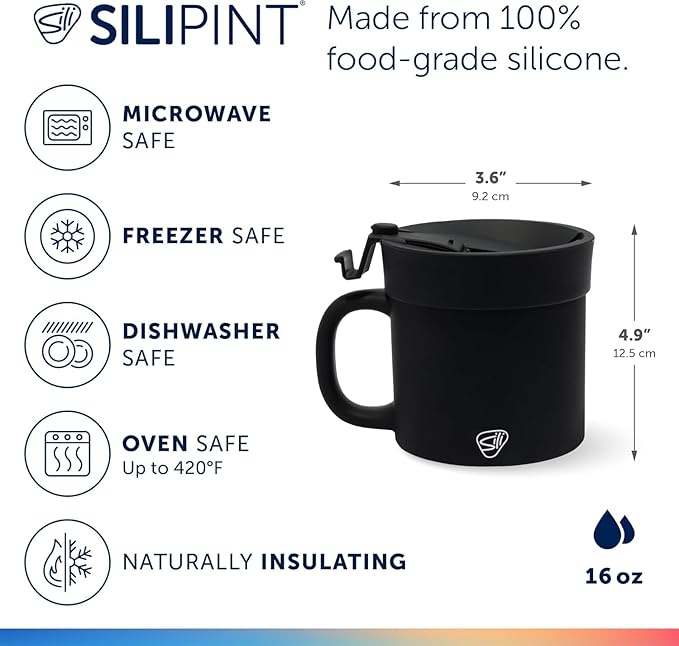 Silipint 16oz Silicone Coffee Mug Tumbler with Flip Lid ??Unbreakable Dishwasher Safe Microwave Oven & Freezer Compatible ??Non-Toxic Reusable Cup, Coffee Tea, Cold Drinks, Classic Black - Pack of 2