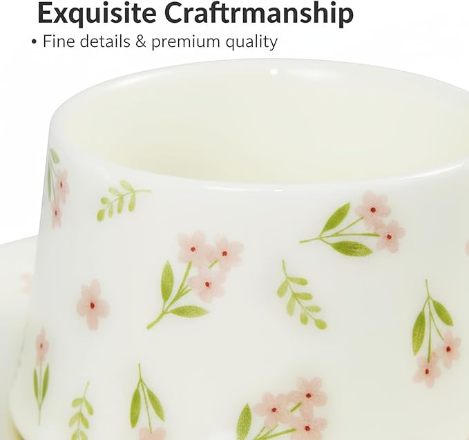 Tea Cup and Saucers, 9.5 oz Floral Tea Cups, Porcelain Teacup, Coffee Cappuccino Espresso Latte Mugs, Floral Design for Party Birthday Cafe Home, Christmas Gifting, A flower Set of 2