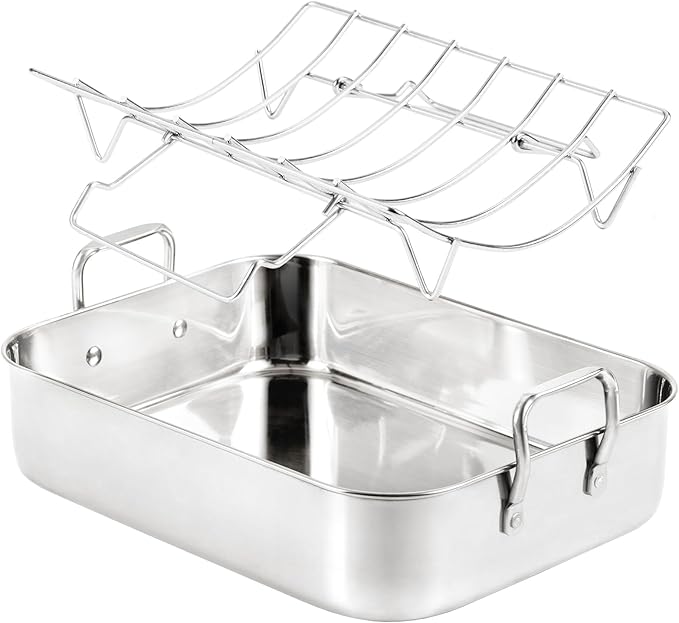 16.5inch Roasting Pan with U-Shape Rack - Stainless Steel Large Turkey Roaster Pan for Turkey, Chicken, Ham Roaster with V-Shaped Baking Rack Heavy Duty Dishwasher Safe, Hold up to 22LB