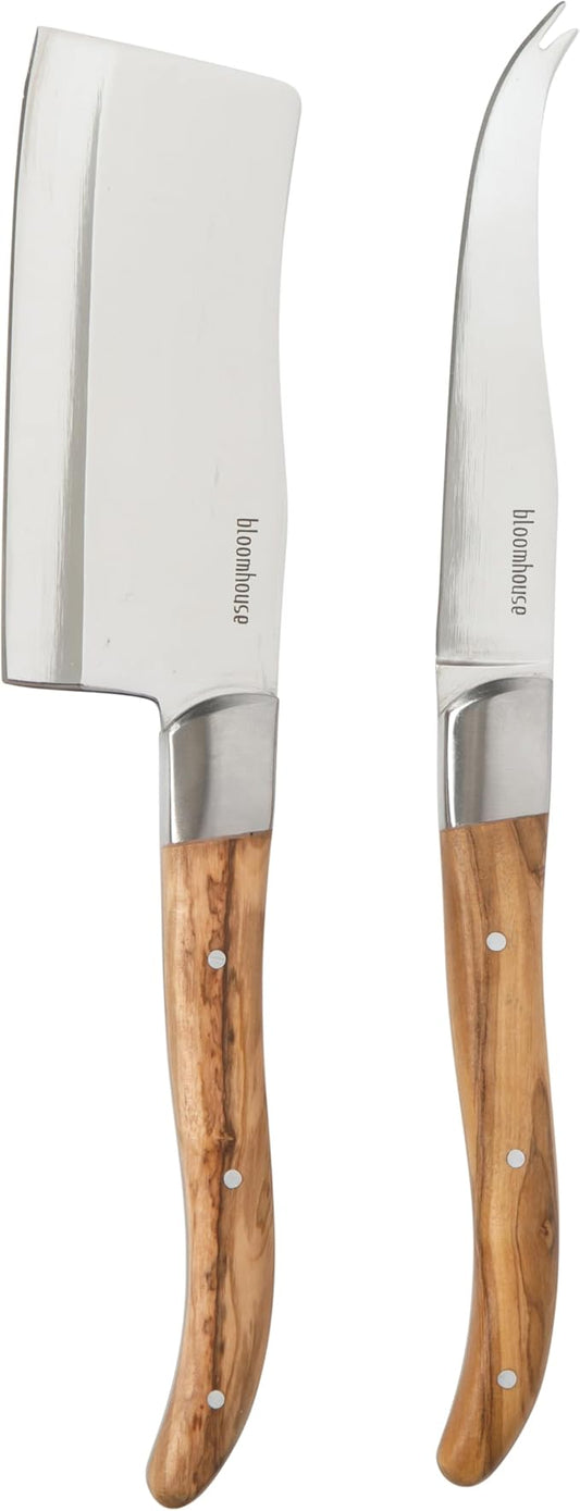 Bloomhouse 2-Piece German Steel Cheese Knife Set with Olive Wood Handles ??Artisan Soft & Hard Cheese Knives for Charcuterie, Grazing Boards & Entertaining